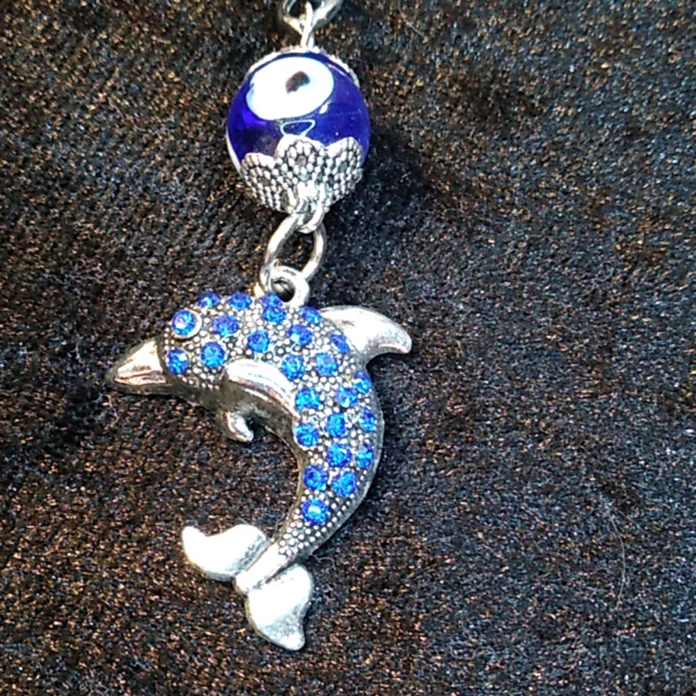 Keychain Silver Dolphin Blue Rhinestones - Picture 1 of 5